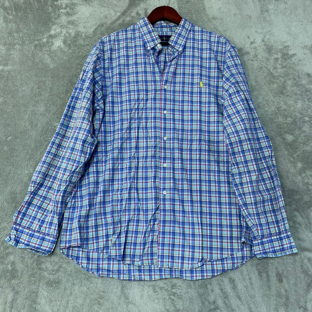 Excellent Ralph Lauren Button Down Dress Shirt Men's XL Blue Cotton Plaid